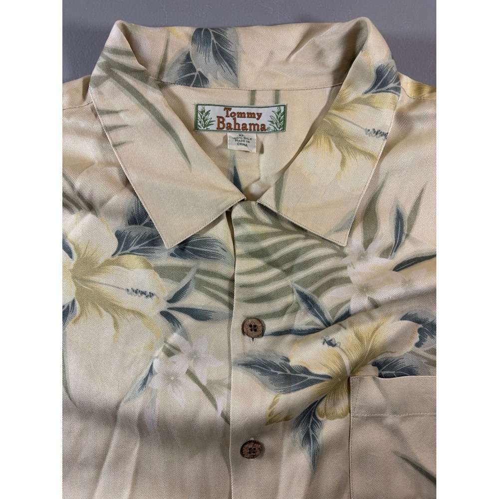 Tommy Bahama Button Down Shirt Mens XL Beige Silk Floral Tropical Camp Relaxed